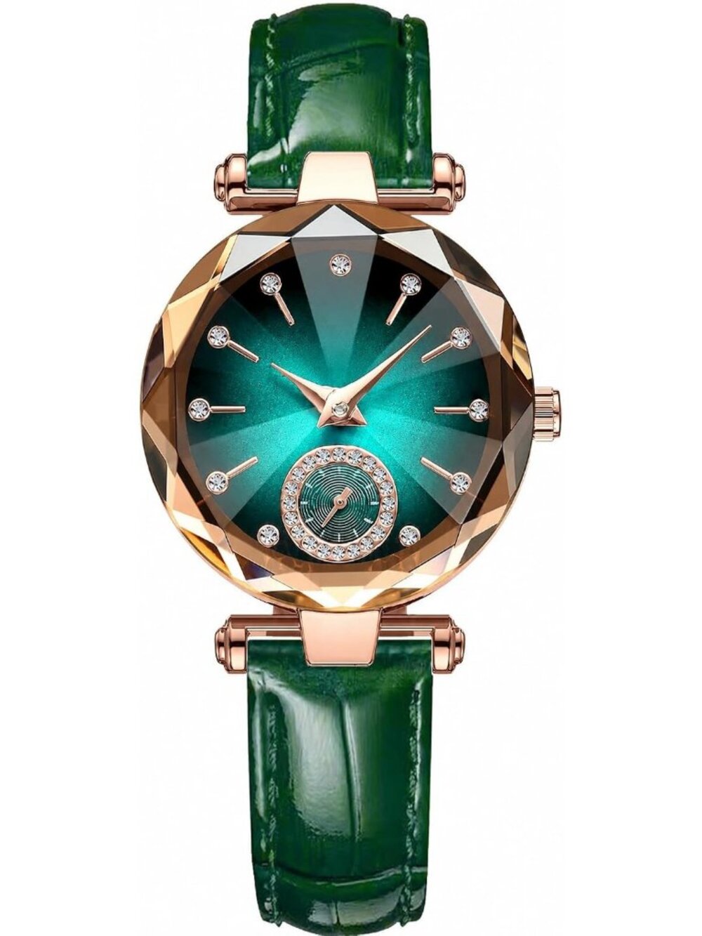 Women's Green Crystal Accents Dainty Dress Leather Strap Fashion Quartz Watches - Picture 1 of 6